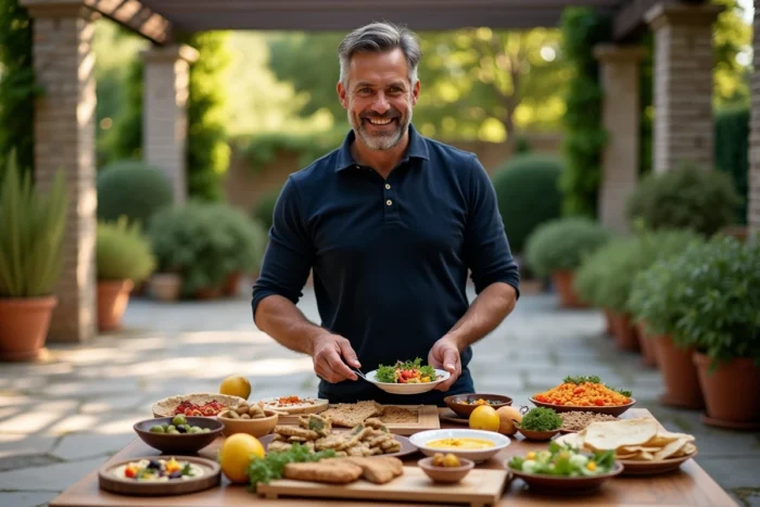 Homme dressant un repas convivial avec des plats méditerranéens variés sur une terrasse extérieure