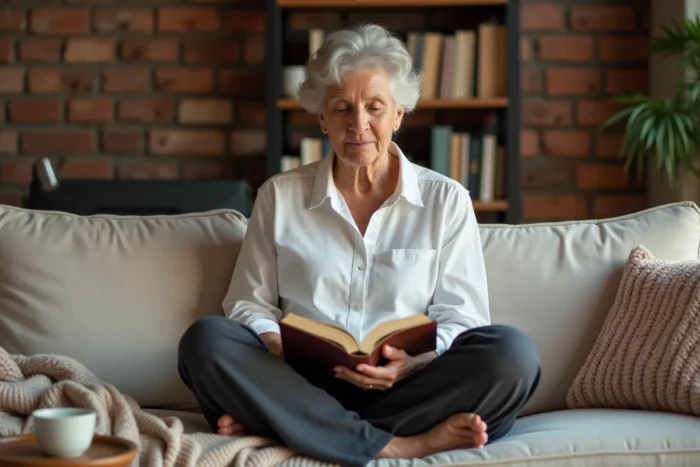 Femme quinquagénaire lisant un livre dans un salon cosy, illustrant l'importance du repos mental et du bien-être pour la santé quotidienne