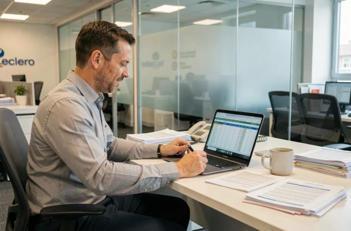 Responsable RH Leclerc analysant les avantages salariaux et le 13ème mois dans un bureau administratif