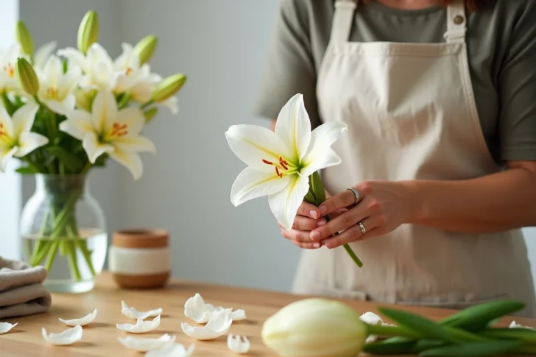 Femme retirant délicatement le pistil d'un lys blanc avec des ciseaux dans une cuisine, guide pratique entretien des fleurs