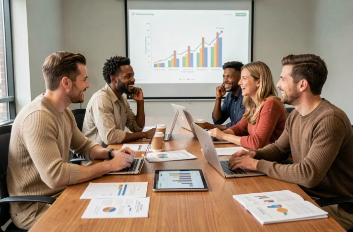 Équipe marketing réunie en réunion stratégique autour d'une table avec des rapports d'analyse et des outils numériques