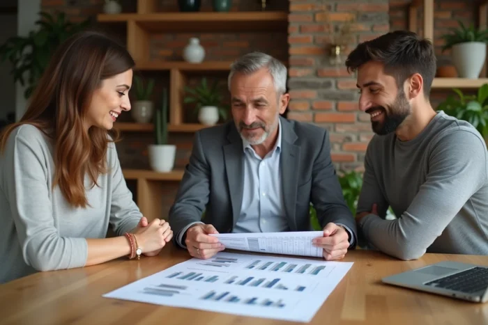 Couple en réunion avec un conseiller immobilier pour discuter de l'estimation et de la vente de leur maison