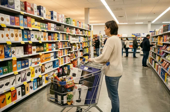 Femme faisant ses courses dans un magasin duty-free au Pas de la Case en Andorre avec un caddie plein de produits