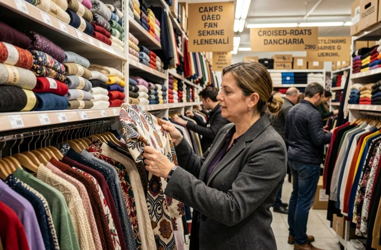 Femme faisant du shopping dans un magasin de vêtements à Dancharia, parcourant des rayons de pulls et chemisiers colorés