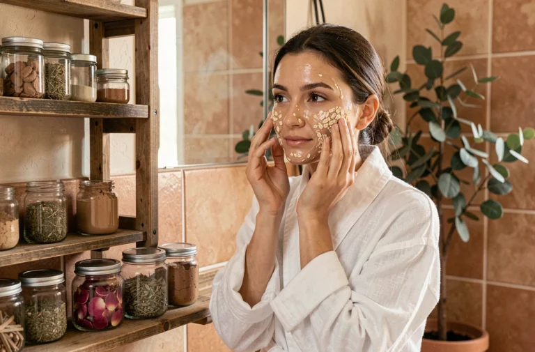 Femme appliquant un masque naturel au miel et à l'avoine dans une salle de bain aux tons naturels avec des ingrédients bio