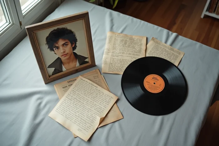 Collection de souvenirs personnels d'un chanteur célèbre étalés sur une table, incluant portrait encadré, lettres manuscrites et coupures de presse