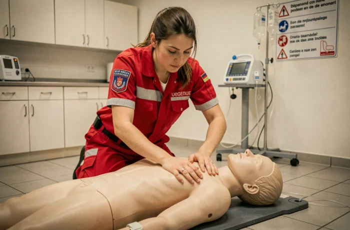 Stagiaire ambulancière pratiquant les gestes de premiers secours sur un mannequin dans un centre de formation belge