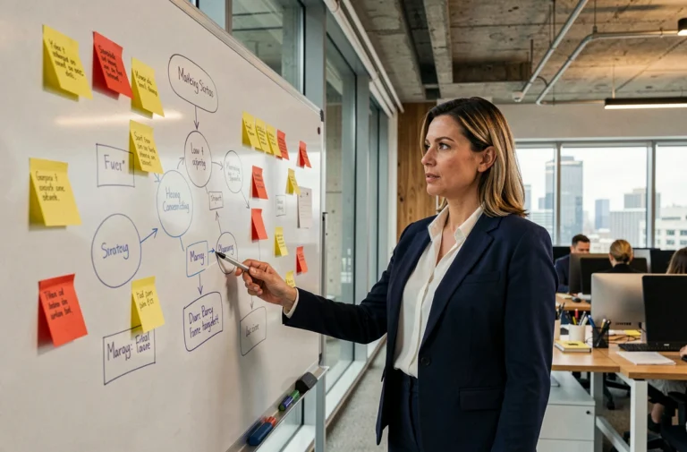 Directrice marketing présentant une stratégie de croissance d'entreprise sur un tableau blanc dans un bureau moderne