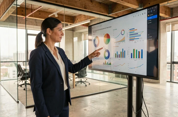 Professionnelle en blazer marine présentant une stratégie marketing sur écran numérique dans un bureau moderne