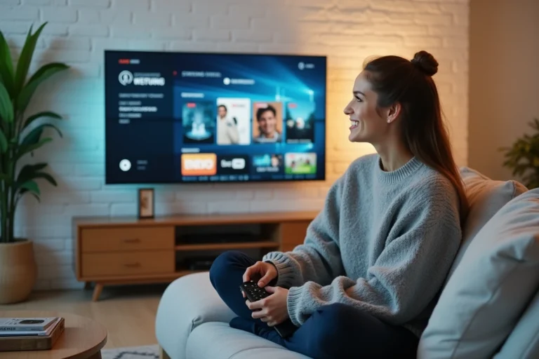 Femme regardant des films en streaming sur sa télévision depuis son canapé sans inscription