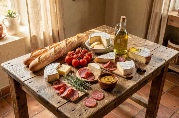 Table en bois rustique avec un assortiment de produits gastronomiques français : pain, fromages, charcuterie et herbes fraîches