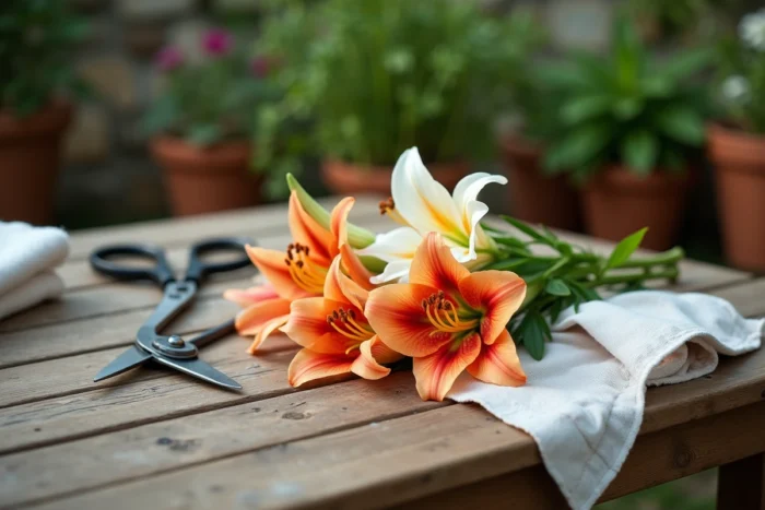 Table de jardin en bois avec bouquet de lys et matériel pour retirer le pistil, guide pratique entretien floral en extérieur