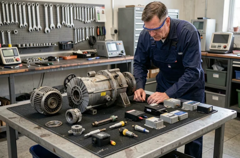 Technicien professionnel examinant les pièces détachées d'un groupe électrogène SDMO démontées sur un établi industriel