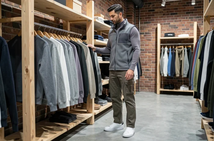 Homme parcourant des vêtements streetwear dans une boutique concept store moderne avec murs en brique et étagères en bois brut