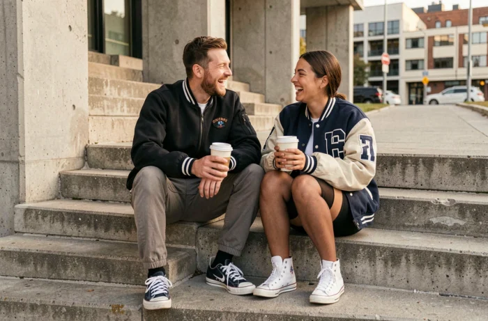 Duo d'amis en tenue streetwear coordonnée 2024, assis sur des marches en béton brutalist avec vêtements tendance bomber et jogging