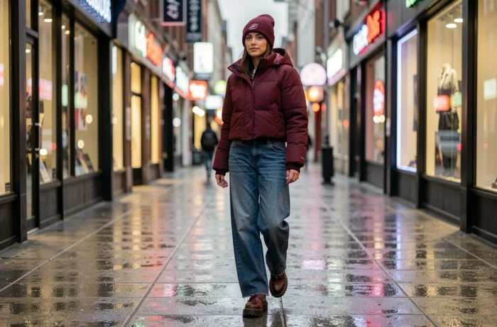 Femme en look streetwear tendance 2024 avec veste puffer bordeaux, jean wide-leg et boots plateforme sur un trottoir urbain mouillé