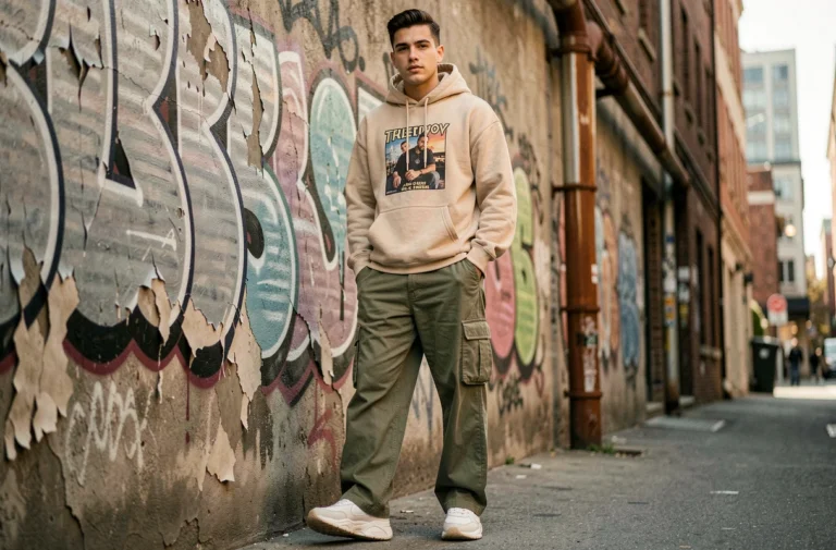 Jeune homme en tenue streetwear 2024 avec hoodie oversize beige, cargo pants kaki et sneakers chunky devant un mur urbain graffité