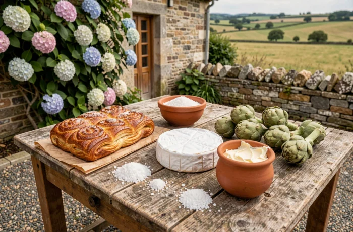 Terroir breton avec produits locaux kouign-amann beurre salé sel de Guérande et artichaut sur table en pierre