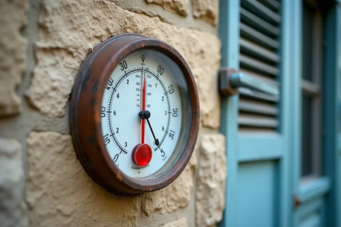 Thermomètre extérieur analogique fixé sur un mur en pierre d'une maison de campagne française avec volet en bois bleu