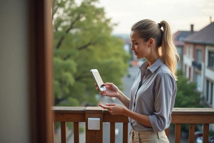 Femme consultant un thermomètre sans fil connecté installé sur la rambarde d'un balcon avec vue sur une rue résidentielle arborée