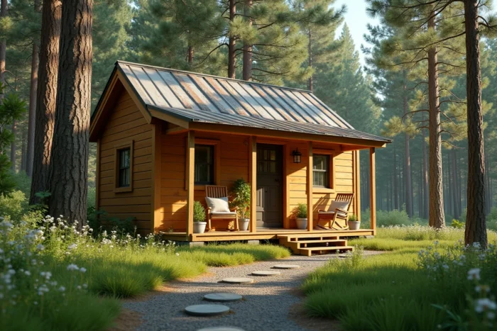 Tiny house en bois dans une forêt verdoyante avec porche et plantes, illustration de vie minimaliste en petite maison