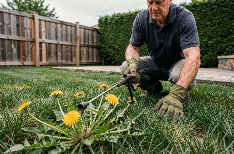 Jardinier appliquant un herbicide sélectif sur des mauvaises herbes dans une pelouse résidentielle avec un pulvérisateur à main