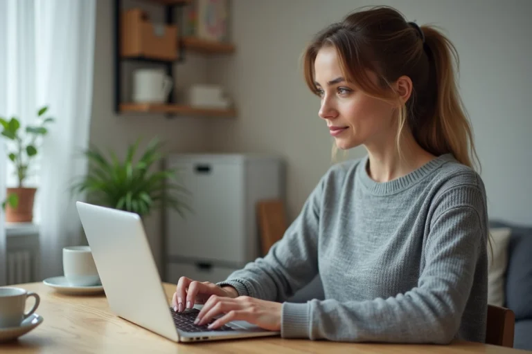 Femme utilisant un ordinateur portable pour gérer son compte Amazon et transférer son solde en ligne