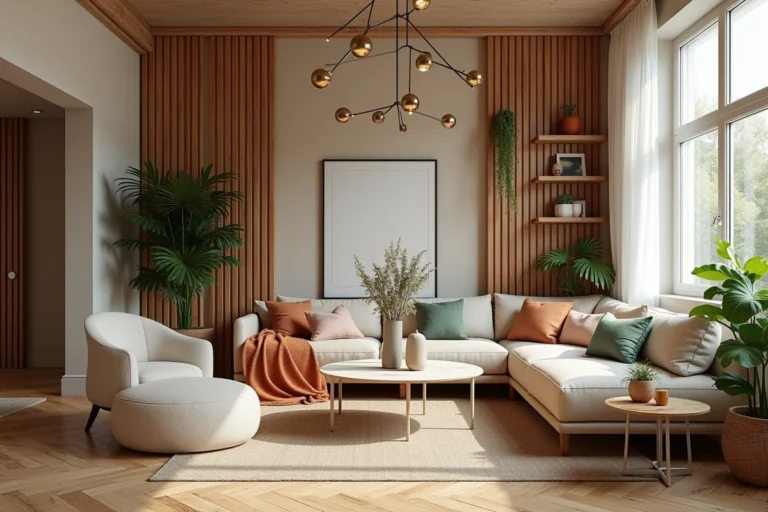 Intérieur d'appartement français stylisé illustrant diverses idées de transformation de maison avec matériaux naturels et déco coordonnée