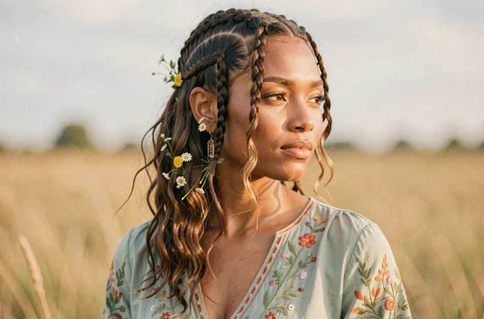 Tresse collée associée à des mèches libres façon boho sur coupe courte, style champêtre