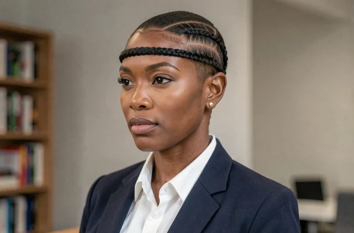 Tresse épi plaquée en bandeau sur coupe courte, style élégant et structuré