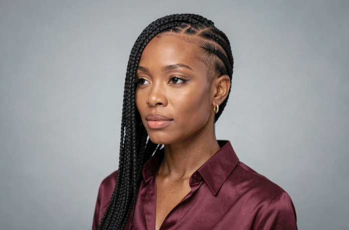 Tresses plaquées sur le côté sur coupe courte, style asymétrique soigné