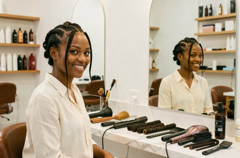 Femme aux cheveux courts arborant plusieurs styles de tresses tendance dans un salon moderne