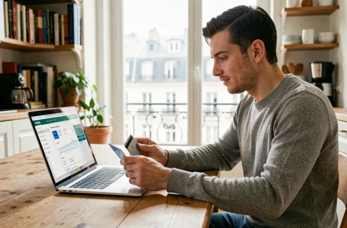 Jeune utilisateur gérant son compte BoursoBank en ligne depuis son appartement parisien