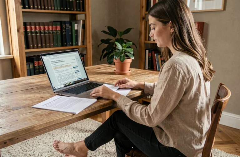 Jeune femme consultant des documents juridiques français sur la vente de photos de pieds dans un bureau à domicile parisien