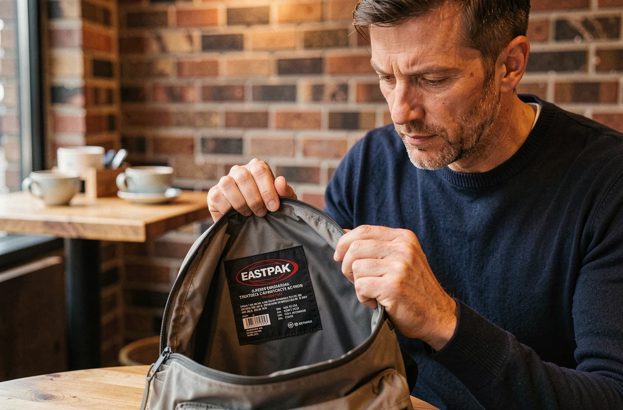 Homme vérifiant l'étiquette intérieure d'un sac Eastpak dans un café pour authentifier le produit