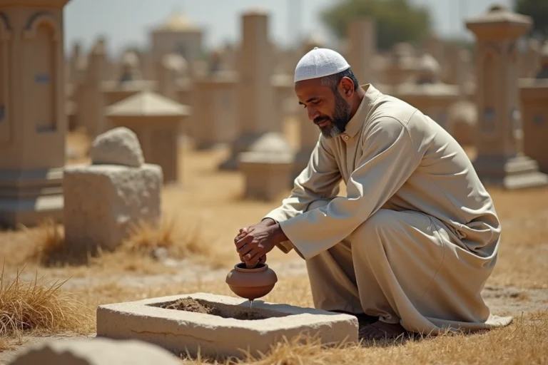 Homme en tenue islamique versant de l'eau sur une tombe musulmane dans un cimetière calme