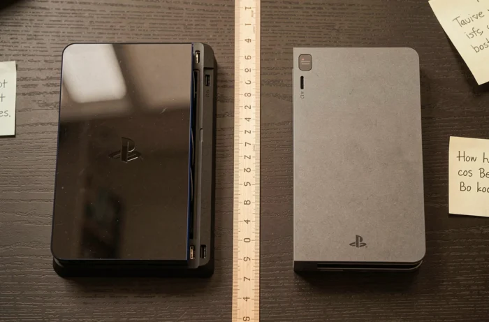 Vue de dessus de la PS4 Fat et de la PS4 Slim disposées côte à côte avec une règle pour mesurer leurs dimensions respectives