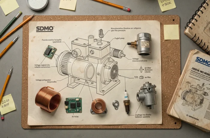 Vue éclatée technique d'un groupe électrogène SDMO avec pièces détachées correspondantes disposées à plat sur un établi