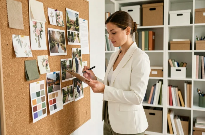 Wedding planner professionnelle consultant un tableau d'inspiration pour organiser un mariage élégant